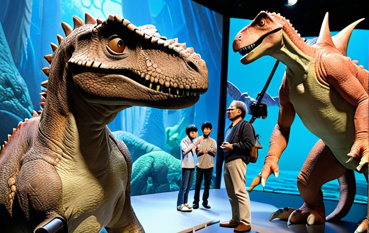**

A visionary animation director, inspired by Hayao Miyazaki and Pixar, standing proudly in a futuristic studio. Holographic dinosaurs from Dinosaurs Mecard surround him, showcasing the blend of prehistoric creatures and advanced technology that defines his unique artistic style. He is holding a director's viewfinder, focusing on the animated world he helped create.

**