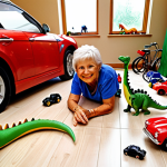 **A child's bedroom floor covered in Dino Mecard toys, some transformed, some as cars, with a grandparent smiling in the background.**
