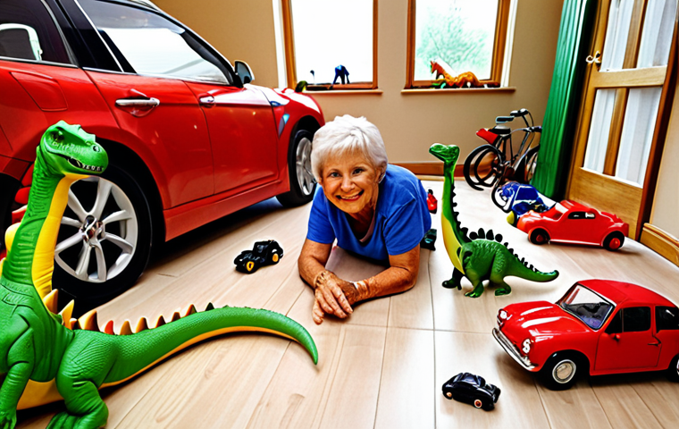 **A child's bedroom floor covered in Dino Mecard toys, some transformed, some as cars, with a grandparent smiling in the background.**