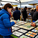 Treasure Hunt for Rare Cards**

"A young collector, fully clothed, carefully examining Dinosauri Meccard cards at a vibrant flea market stall overflowing with toys and collectibles. Background includes other collectors browsing. Safe for work, appropriate content, professional quality, perfect anatomy, natural proportions, family-friendly."

**