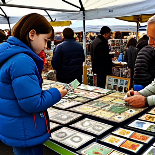 Treasure Hunt for Rare Cards**

"A young collector, fully clothed, carefully examining Dinosauri Meccard cards at a vibrant flea market stall overflowing with toys and collectibles. Background includes other collectors browsing. Safe for work, appropriate content, professional quality, perfect anatomy, natural proportions, family-friendly."

**