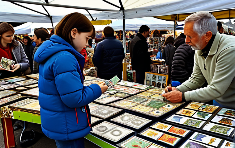 Treasure Hunt for Rare Cards**

"A young collector, fully clothed, carefully examining Dinosauri Meccard cards at a vibrant flea market stall overflowing with toys and collectibles. Background includes other collectors browsing. Safe for work, appropriate content, professional quality, perfect anatomy, natural proportions, family-friendly."

**