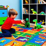 **

"A happy child playing with Dino Mecard toys on a colorful playroom rug, fully clothed, surrounded by various transforming dinosaur figures and Mecard cards. The background features shelves filled with other toys and children's books. The scene is lit with soft, natural light. safe for work, appropriate content, professional, perfect anatomy, natural proportions, well-formed hands, proper finger count, family-friendly, modest clothing."

**