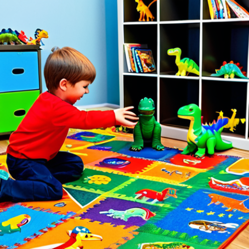 **

"A happy child playing with Dino Mecard toys on a colorful playroom rug, fully clothed, surrounded by various transforming dinosaur figures and Mecard cards. The background features shelves filled with other toys and children's books. The scene is lit with soft, natural light. safe for work, appropriate content, professional, perfect anatomy, natural proportions, well-formed hands, proper finger count, family-friendly, modest clothing."

**