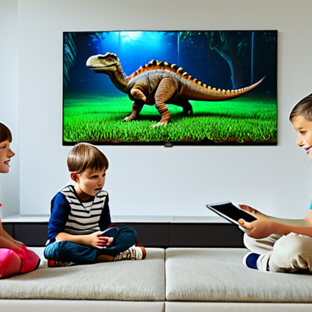 공룡메카드의 교육적 요소 분석 - Educational Dino Mecard Scene**

"Children watching Dino Mecard on a tablet in a brightly lit living...