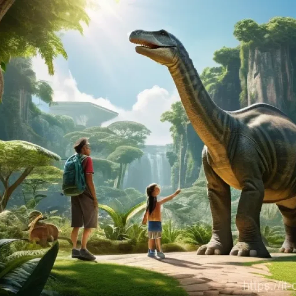 공룡메카드 팬들이 즐기는 테마파크 - **Prompt:** A heartwarming scene inside a prehistoric-themed park in Italy. A family, consisting of ...