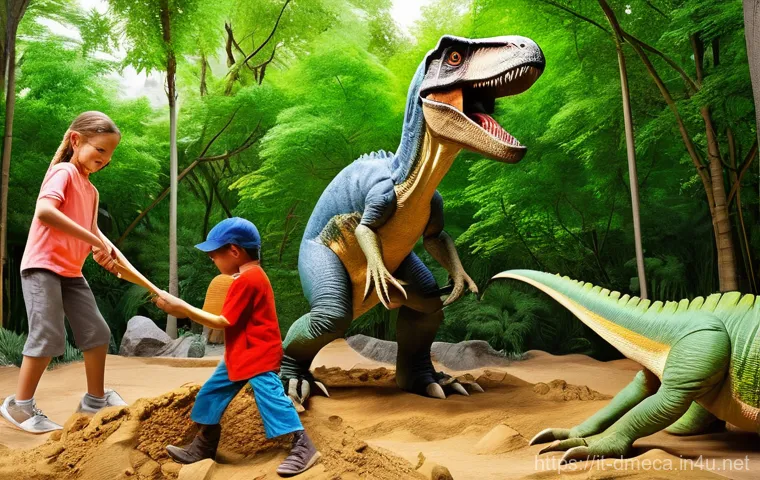 공룡메카드 팬들이 즐기는 테마파크 - **Prompt:** A heartwarming scene inside a prehistoric-themed park in Italy. A family, consisting of ... 공룡메카드 팬들이 즐기는 테마파크 - **Prompt:** A heartwarming scene inside a prehistoric-themed park in Italy. A family, consisting of ...