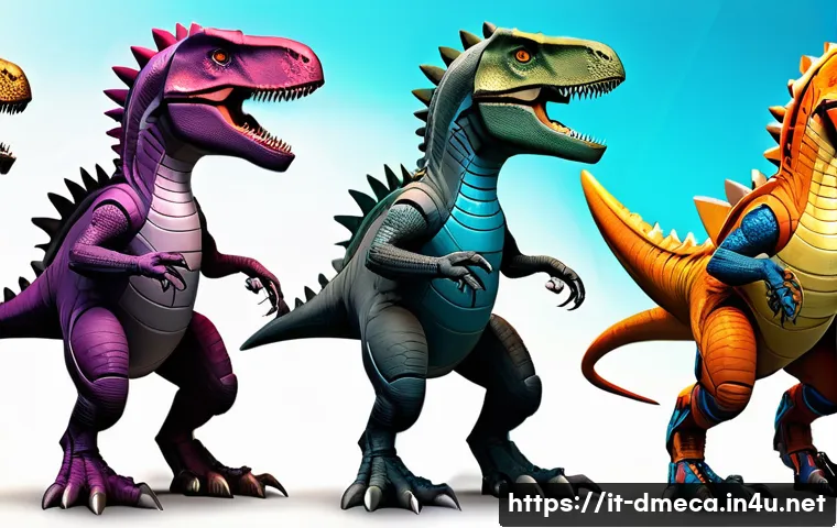 공룡메카드 아트북 및 설정 자료 - **Prompt:** "A vibrant concept art collage showcasing the evolution of a heroic Dino Mecard characte...