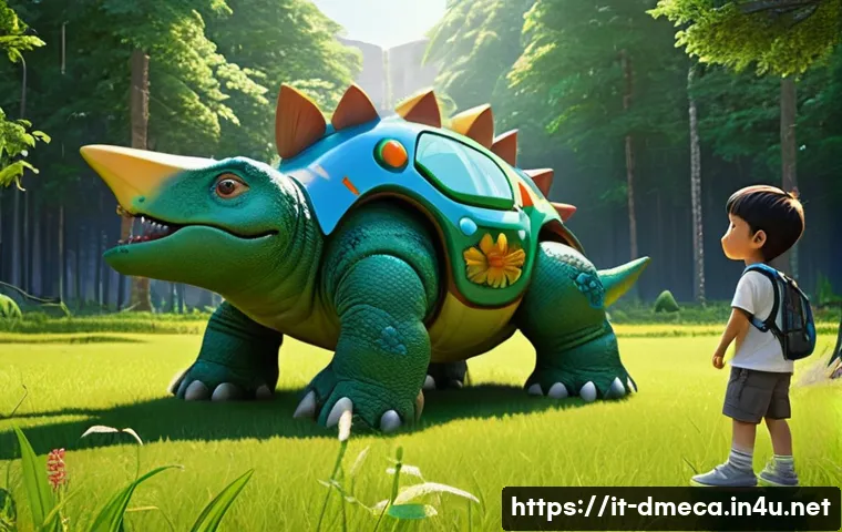 공룡메카드 제작사 및 배경 이야기 - **Prompt:** A vibrant, 3D animated scene capturing the initial wonder of discovery. Young Na Yong-ch...