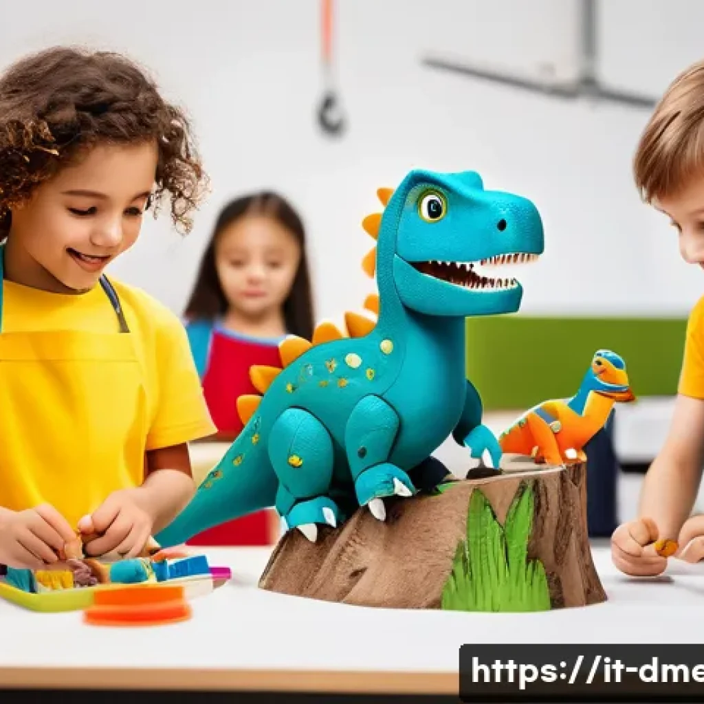 공룡메카드 관련 행사 및 이벤트 - A vibrant and lively creative workshop scene in Italy featuring children aged 5-12 wearing casual, c...