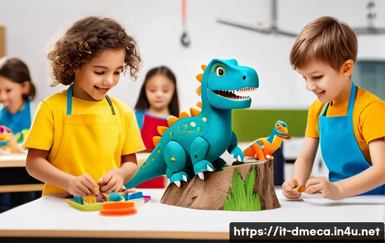 공룡메카드 관련 행사 및 이벤트 - A vibrant and lively creative workshop scene in Italy featuring children aged 5-12 wearing casual, c...