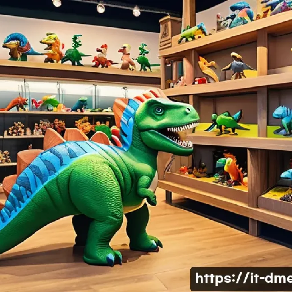 공룡메카드 유통 경로와 판매 채널 - A vibrant, detailed scene inside a specialized toy store in Italy, showcasing shelves filled with co...