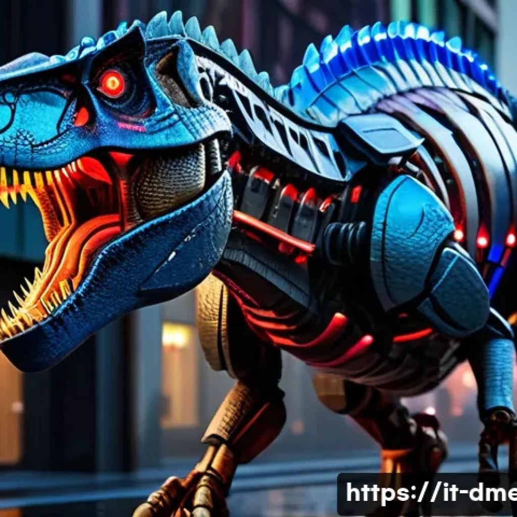 공룡메카드 시즌별 인기 공룡 분석 - A highly detailed mechanical Tyrannosaurus Rex model standing in a dynamic battle pose, featuring in...