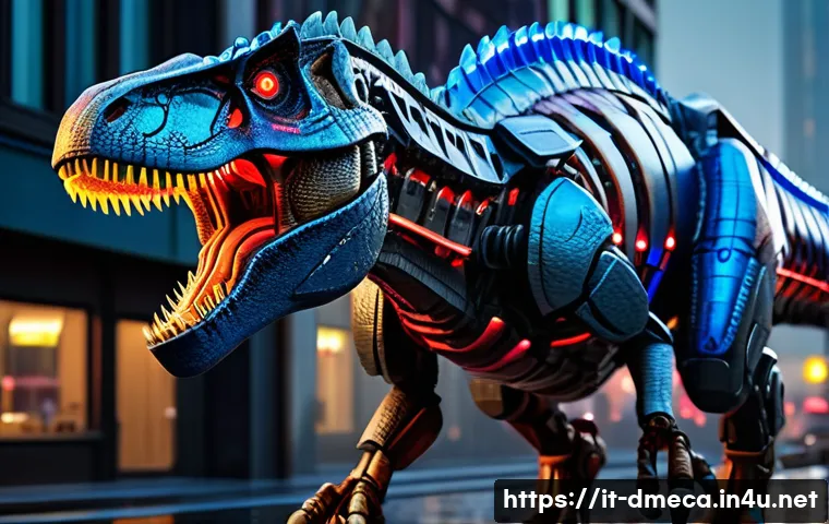 공룡메카드 시즌별 인기 공룡 분석 - A highly detailed mechanical Tyrannosaurus Rex model standing in a dynamic battle pose, featuring in...