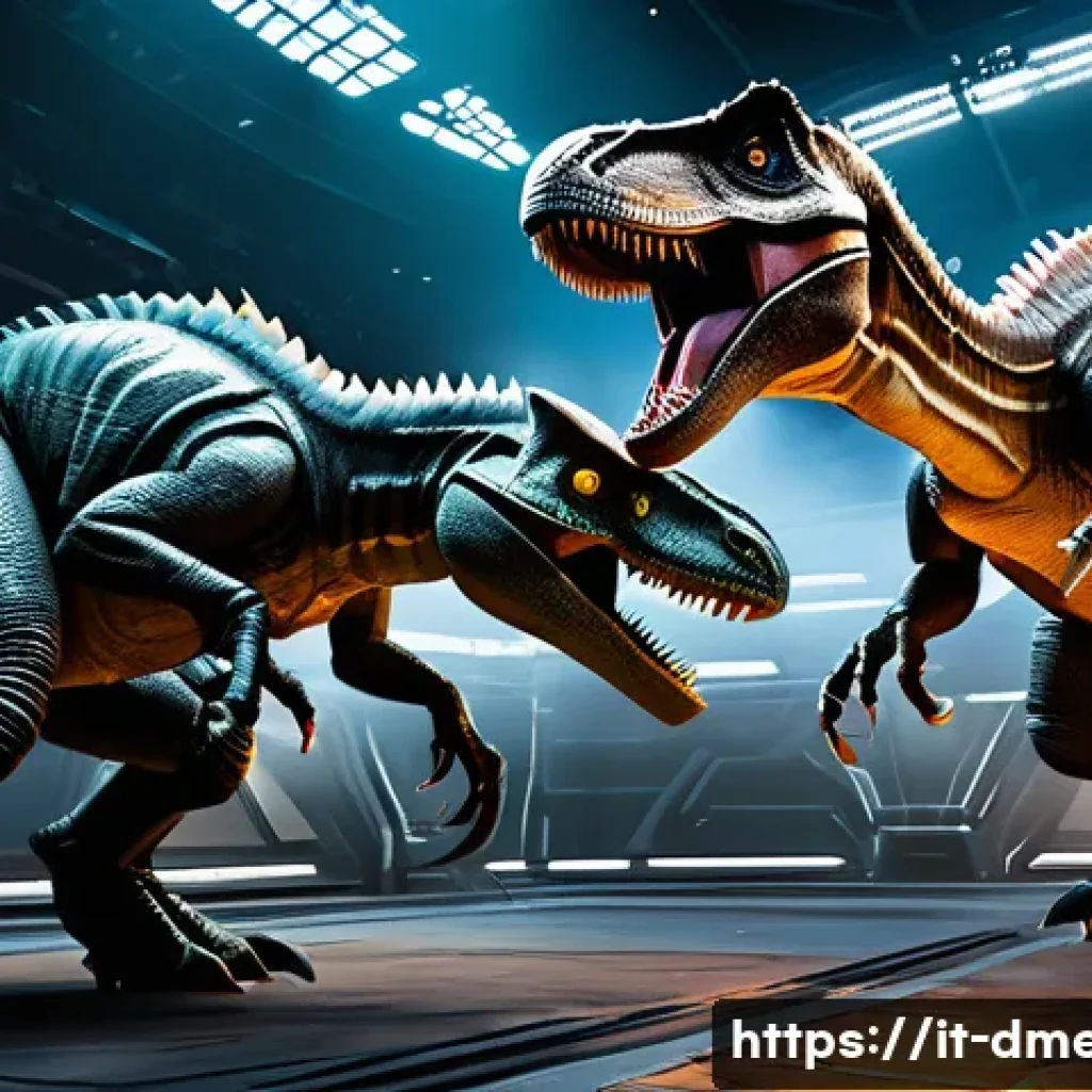 공룡메카드 다이노 배틀 규칙 - A dynamic battle scene featuring mechanical dinosaurs in a futuristic arena, each dinosaur clad in s...