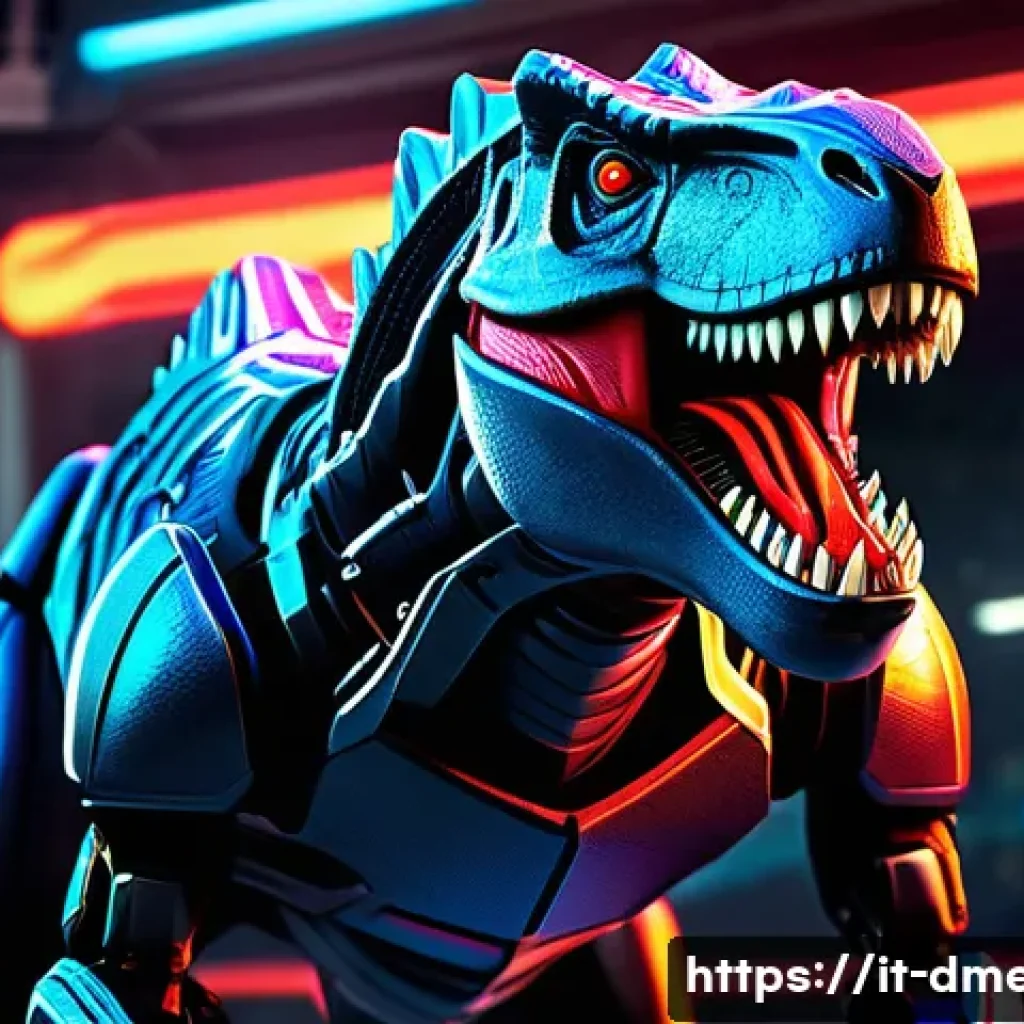 공룡메카드 캐릭터별 팬덤 규모 - A dynamic and vivid character design of "T-Rex Turbo," a futuristic Tyrannosaurus Rex with an aggres...