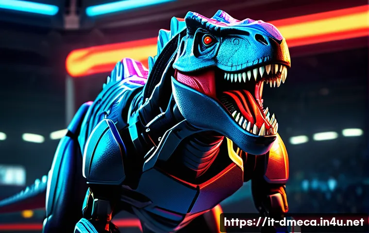공룡메카드 캐릭터별 팬덤 규모 - A dynamic and vivid character design of "T-Rex Turbo," a futuristic Tyrannosaurus Rex with an aggres...
