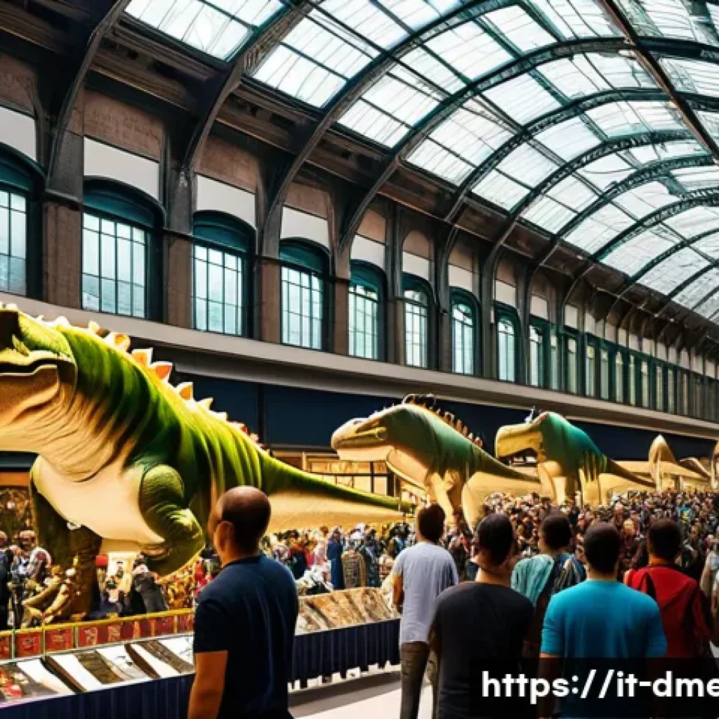 공룡메카드 해외 팬덤 현황 - A vibrant scene of an Italian fan convention dedicated to Mechard Dinosaurs, set in a large urban ex...
