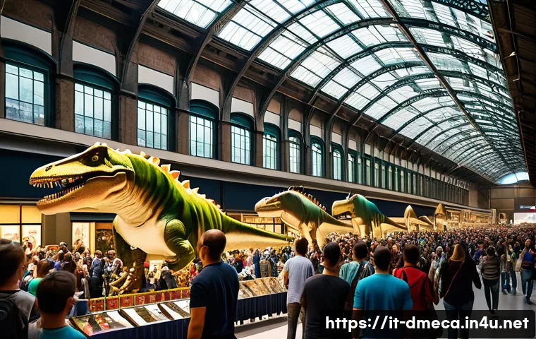 공룡메카드 해외 팬덤 현황 - A vibrant scene of an Italian fan convention dedicated to Mechard Dinosaurs, set in a large urban ex...