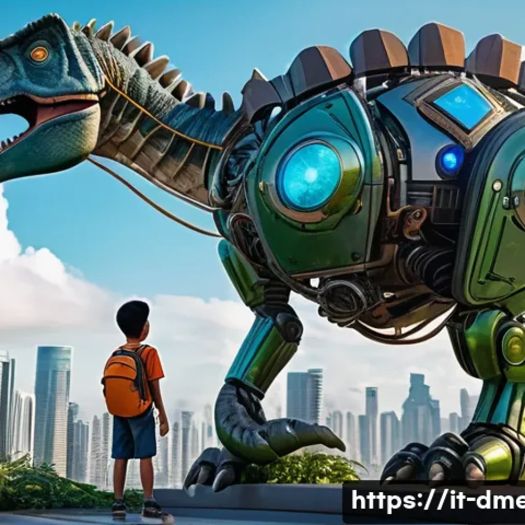 공룡메카드 관련 영화화 가능성 - A dynamic scene featuring a young boy wearing casual, colorful clothing and a backpack, standing con...