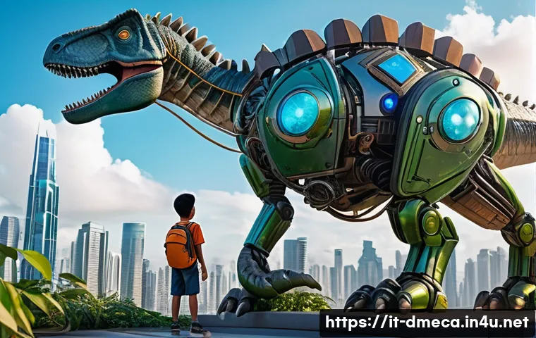 공룡메카드 관련 영화화 가능성 - A dynamic scene featuring a young boy wearing casual, colorful clothing and a backpack, standing con...