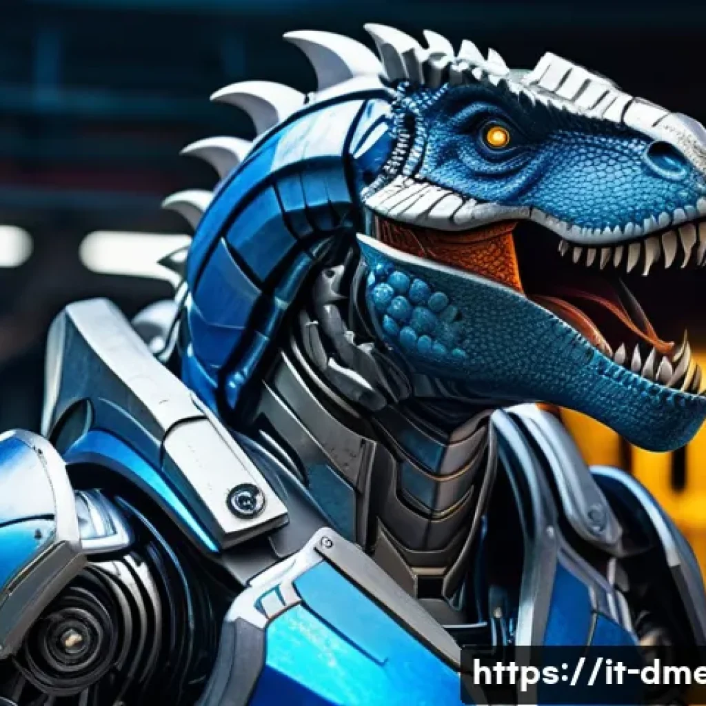공룡메카드 인기 캐릭터 인기 투표 - A futuristic mechanical dinosaur warrior named Rex Mechano, detailed metallic armor with glowing blu...