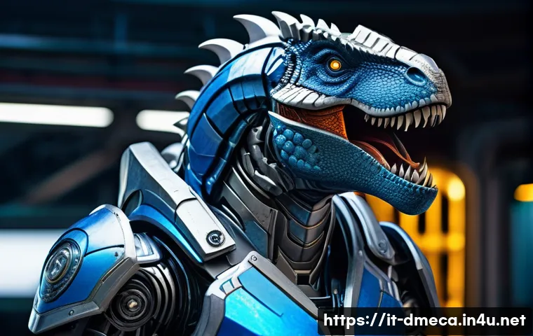 공룡메카드 인기 캐릭터 인기 투표 - A futuristic mechanical dinosaur warrior named Rex Mechano, detailed metallic armor with glowing blu...