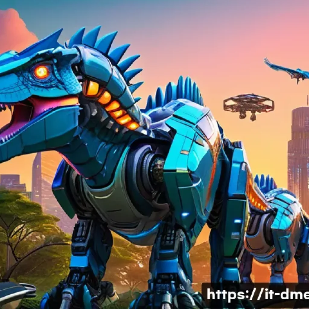 공룡메카드 캐릭터와 유사 애니메이션 비교 - A vibrant futuristic cityscape featuring mechanical dinosaurs integrated with advanced robotics, sho...