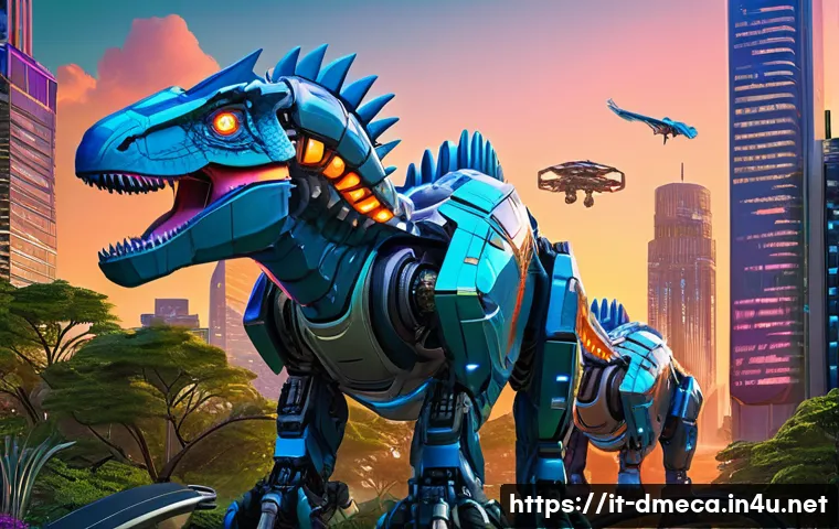 공룡메카드 캐릭터와 유사 애니메이션 비교 - A vibrant futuristic cityscape featuring mechanical dinosaurs integrated with advanced robotics, sho...