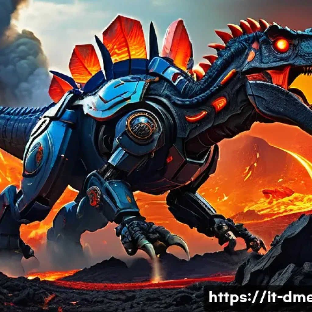공룡메카드 유튜브 인기 클립 - A dynamic scene of mech-dinosaurs battling fiercely on a volcanic landscape, with vivid lava flows a...