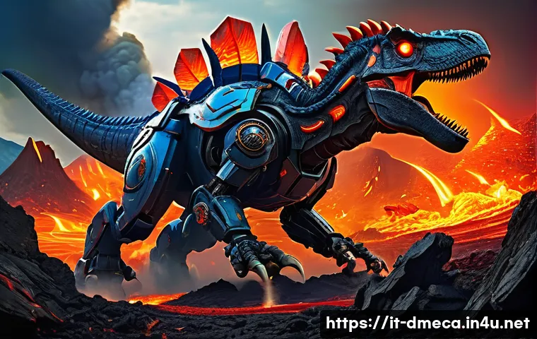 공룡메카드 유튜브 인기 클립 - A dynamic scene of mech-dinosaurs battling fiercely on a volcanic landscape, with vivid lava flows a...
