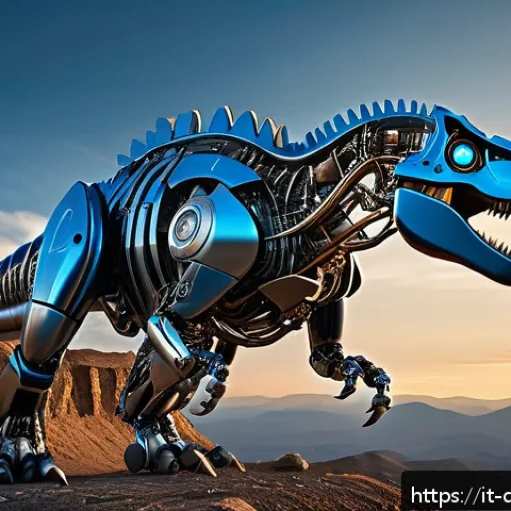 공룡메카드 팬픽션 및 창작 작품 - A detailed, dynamic illustration of Rextron, a mechanical Tyrannosaurus Rex with rotating 360&deg; joint...