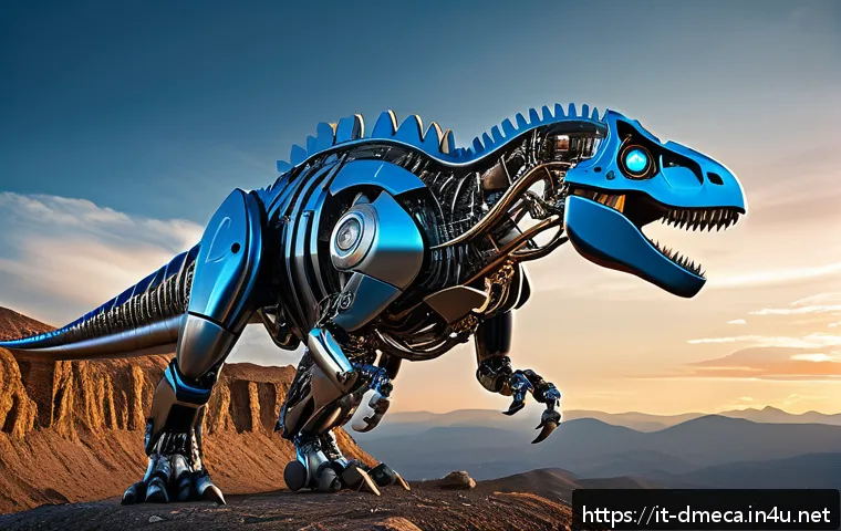 공룡메카드 팬픽션 및 창작 작품 - A detailed, dynamic illustration of Rextron, a mechanical Tyrannosaurus Rex with rotating 360&deg; joint...
