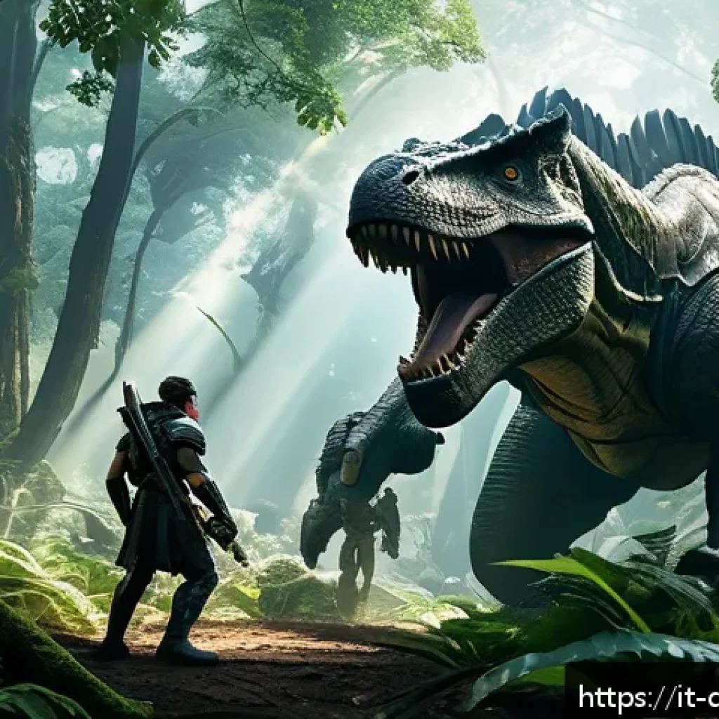 공룡메카드 캐릭터별 라이벌 관계 - A dynamic battle scene set in a lush, ancient forest where two Dinocore characters engage in a strat...