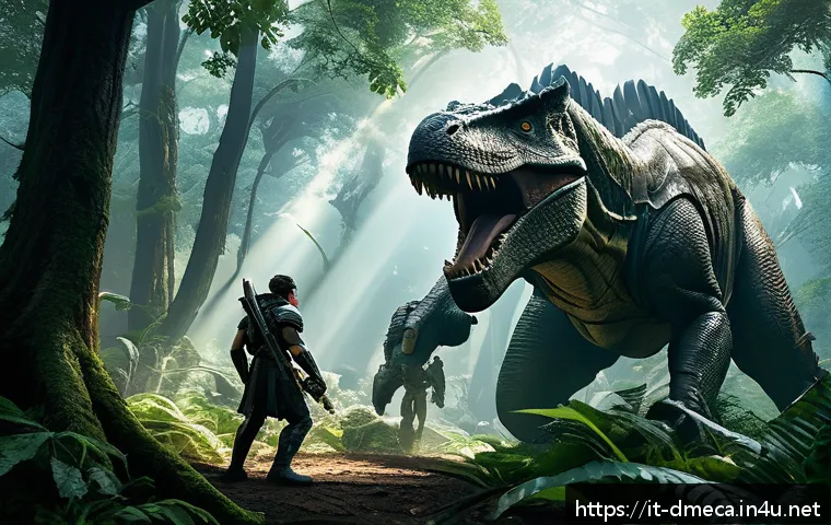 공룡메카드 캐릭터별 라이벌 관계 - A dynamic battle scene set in a lush, ancient forest where two Dinocore characters engage in a strat...