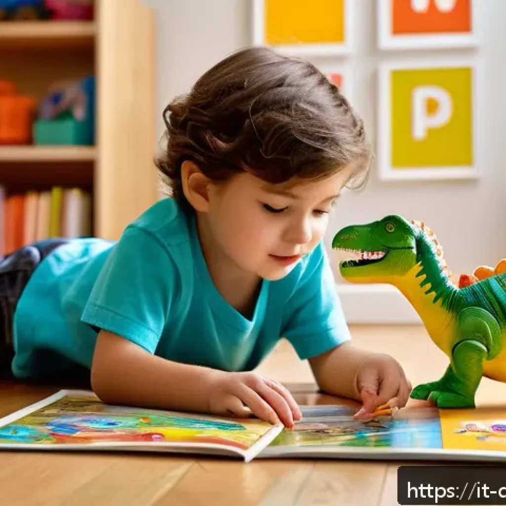 공룡메카드와 연계된 교육 프로그램 - A vibrant and detailed scene of a young child wearing casual clothing and playing with a mechanical ...