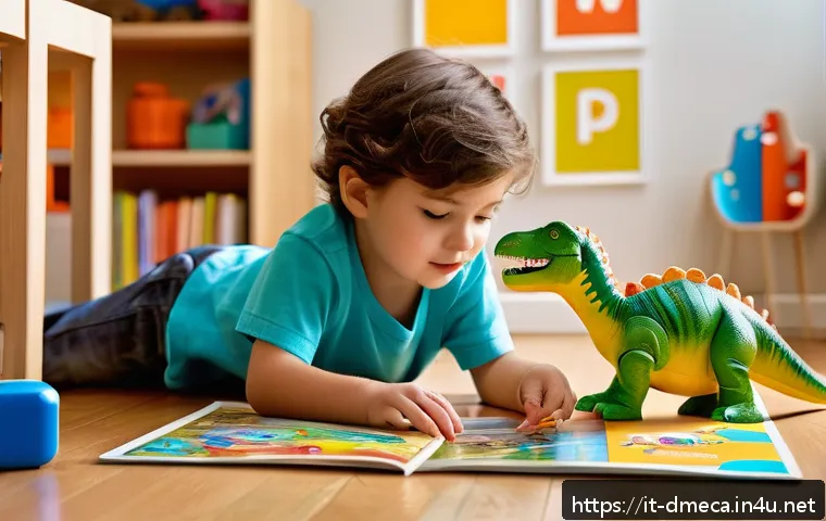 공룡메카드와 연계된 교육 프로그램 - A vibrant and detailed scene of a young child wearing casual clothing and playing with a mechanical ...