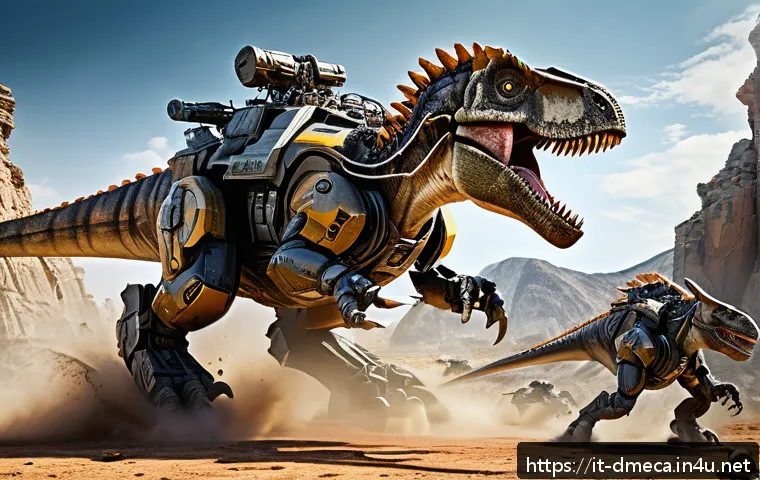 공룡메카드 인기 에피소드 분석 - A dynamic battle scene featuring mechanical dinosaurs from Dino Mecard, showcasing Rex Mech with its...