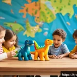 공룡메카드와 공룡 학습의 연계성 - A group of children aged 3 to 10, wearing colorful casual clothing and underwear, enthusiastically p...
