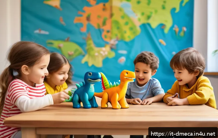 공룡메카드와 공룡 학습의 연계성 - A group of children aged 3 to 10, wearing colorful casual clothing and underwear, enthusiastically p...
