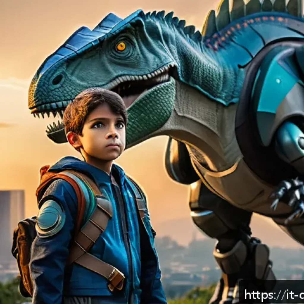 공룡메카드 캐릭터의 성향 분석 - A young, determined boy clad in futuristic battle attire with subtle signs of inner insecurity visib...