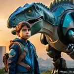 공룡메카드 캐릭터의 성향 분석 - A young, determined boy clad in futuristic battle attire with subtle signs of inner insecurity visib...