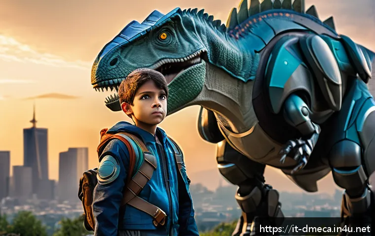 공룡메카드 캐릭터의 성향 분석 - A young, determined boy clad in futuristic battle attire with subtle signs of inner insecurity visib...