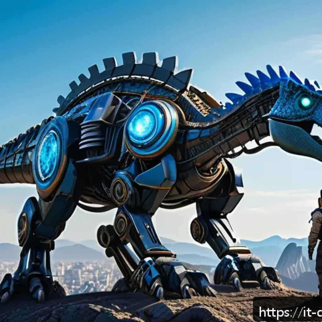 공룡메카드 시즌별 방영 정보 - A dynamic scene featuring a futuristic mechanical dinosaur warrior with sleek robotic armor and glow...