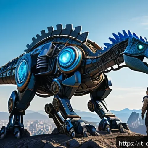 공룡메카드 시즌별 방영 정보 - A dynamic scene featuring a futuristic mechanical dinosaur warrior with sleek robotic armor and glow...