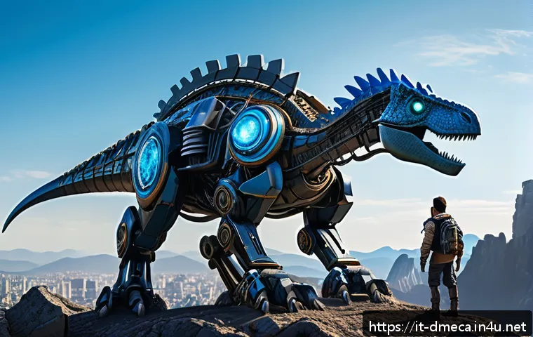 공룡메카드 시즌별 방영 정보 - A dynamic scene featuring a futuristic mechanical dinosaur warrior with sleek robotic armor and glow...