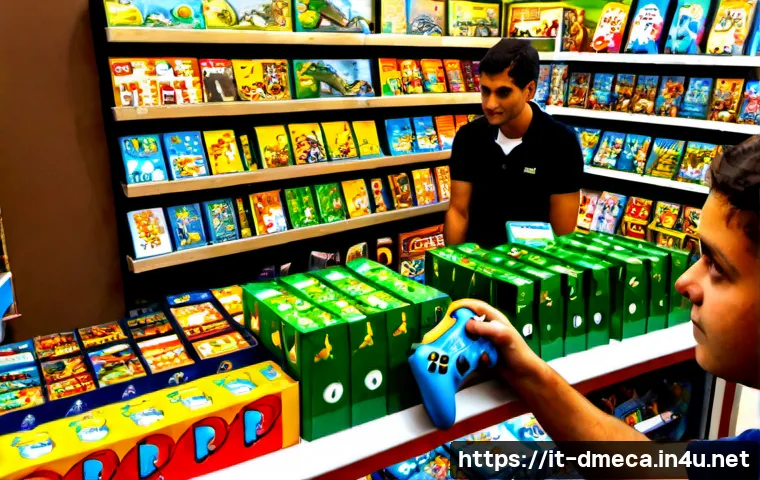 Home 17 공룡메카드 관련 게임 출시 정보 - Photorealistic Italian family game store scene in Milan, a parent and school-age child examining col...