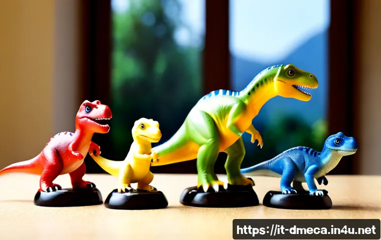Home 17 공룡메카드 캐릭터별 성격 유형 - Photorealistic tabletop scene of four distinct small dinosaur character figurines representing perso...