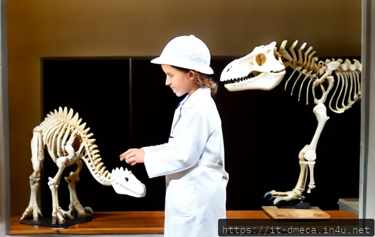 Home 17 공룡메카드의 과학적 기반 - Photorealistic science museum workshop in Italy, a child-friendly mechanical dinosaur model beside a...